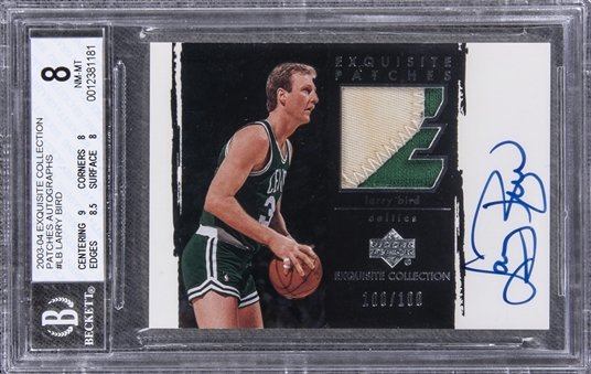 2003-04 UD "Exquisite Collection" Patches Autographs #LB Larry Bird Signed Game Used Patch Card (#100/100) – BGS NM-MT 8/BGS 10